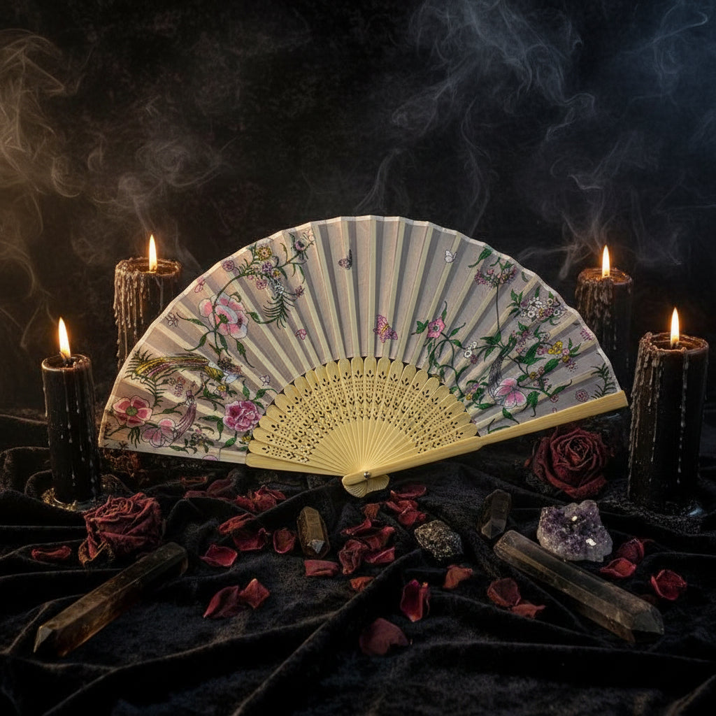 A traditional folding hand fan with a pale yellow bamboo frame and a white silk canopy decorated with pink flowers, green leaves, and birds, displayed on a white tray with pink artificial flowers.