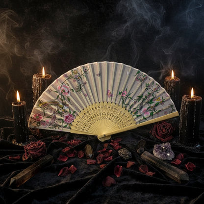 A traditional folding hand fan with a pale yellow bamboo frame and a white silk canopy decorated with pink flowers, green leaves, and birds, displayed on a white tray with pink artificial flowers.