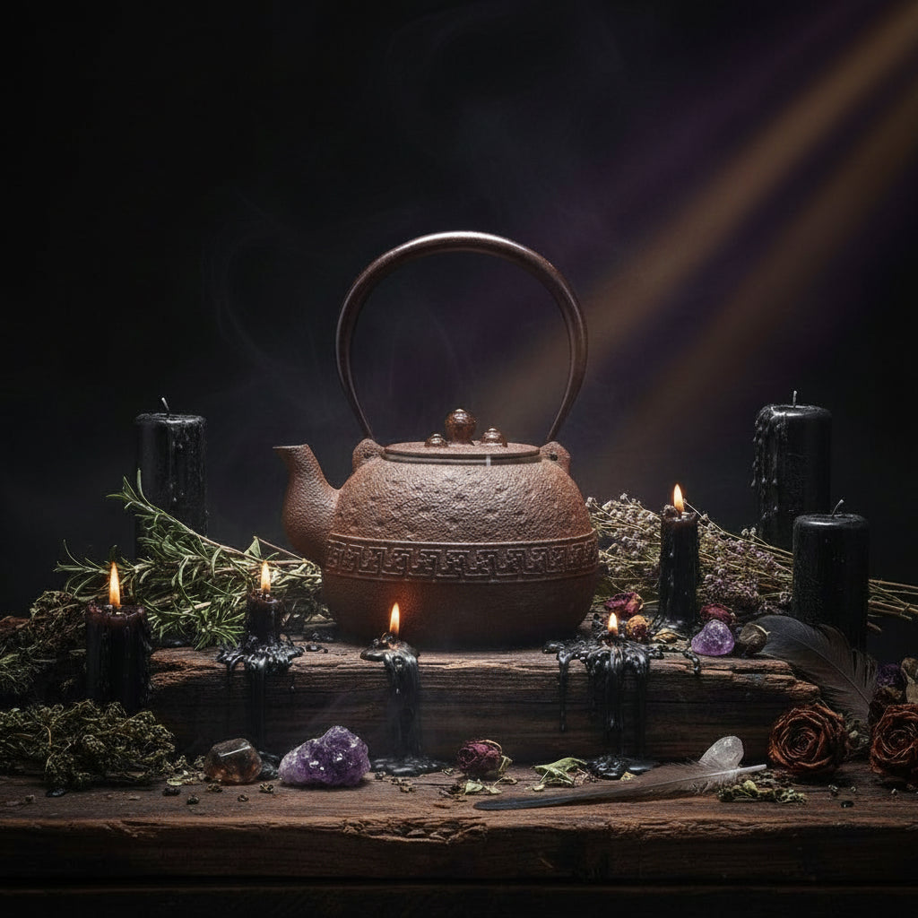 A rustic brown cast-iron teapot with a textured finish, Greek key pattern band, and curved metal handle, displayed on a woven mat against a dark background with green leaves on the side.