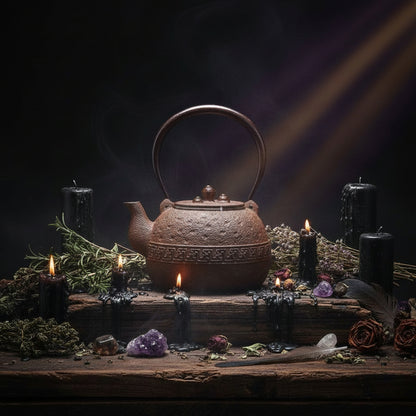 A rustic brown cast-iron teapot with a textured finish, Greek key pattern band, and curved metal handle, displayed on a woven mat against a dark background with green leaves on the side.