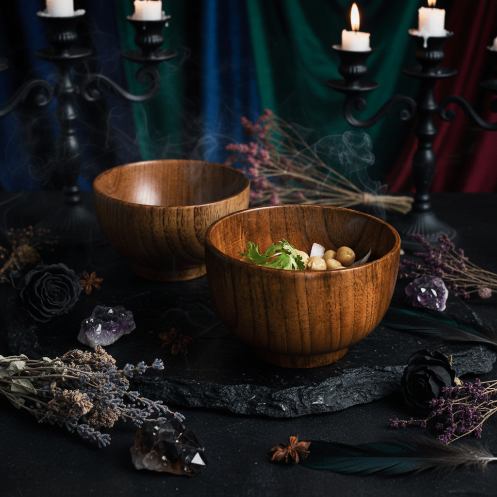 Wooden bowls with food on a table, person adding seasoning.