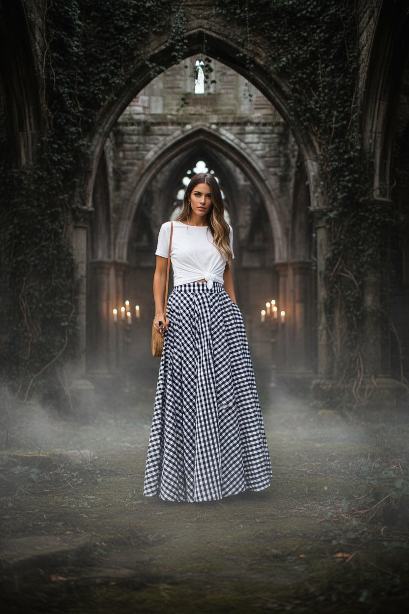 Person wearing a long black and white checkered skirt on a paved surface