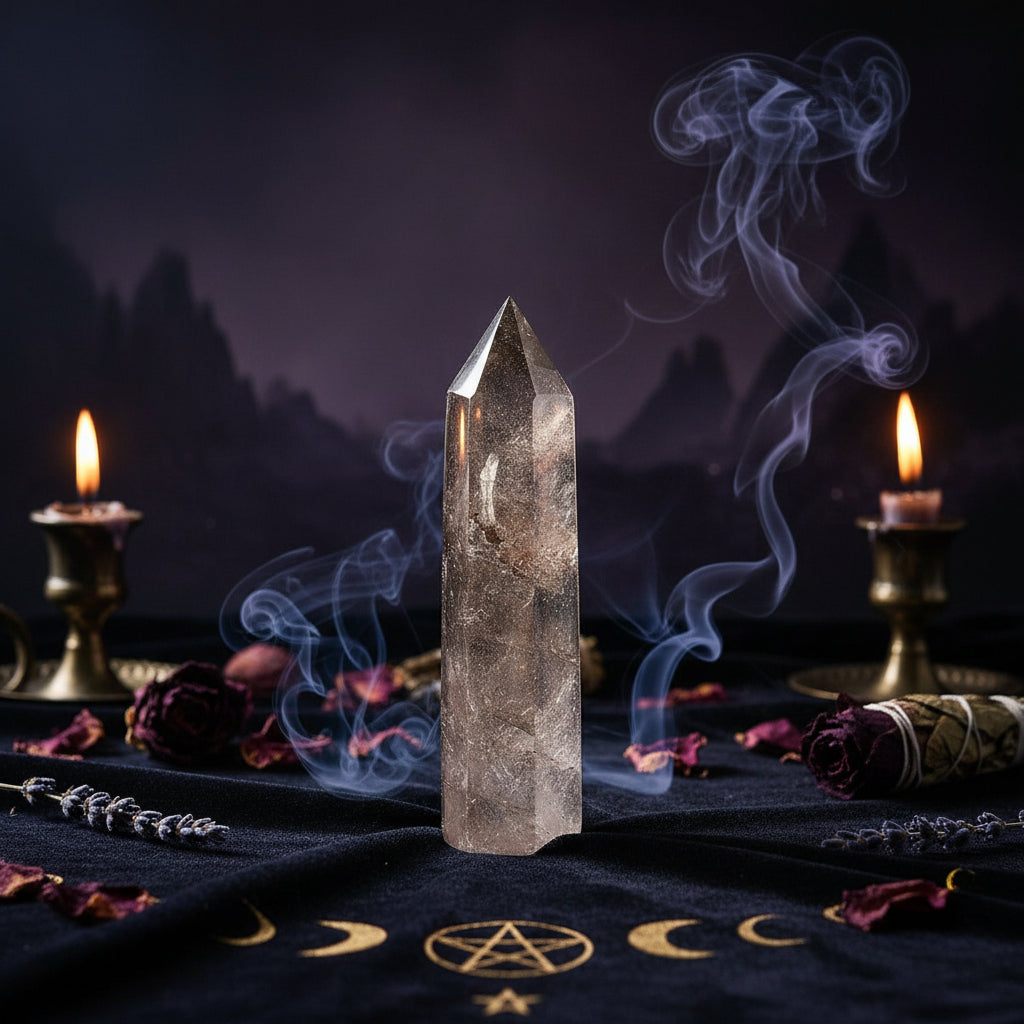 A natural smoky quartz crystal point tower standing upright on a white surface, with soft-focus decorative elements in the background.