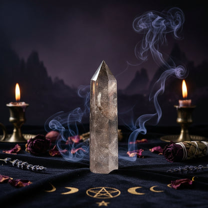 A natural smoky quartz crystal point tower standing upright on a white surface, with soft-focus decorative elements in the background.