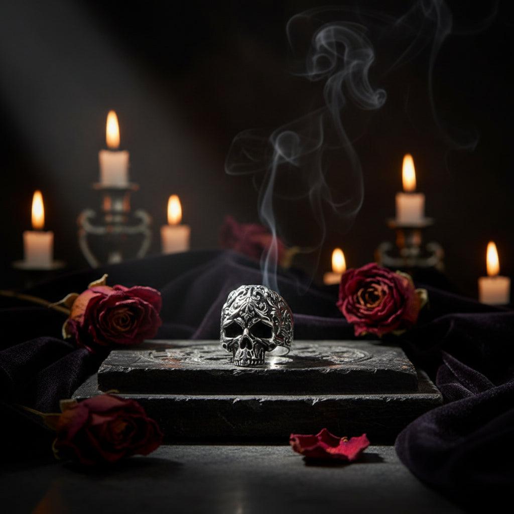 Silver skull ring with intricate designs on a wooden stick against a blurred natural background