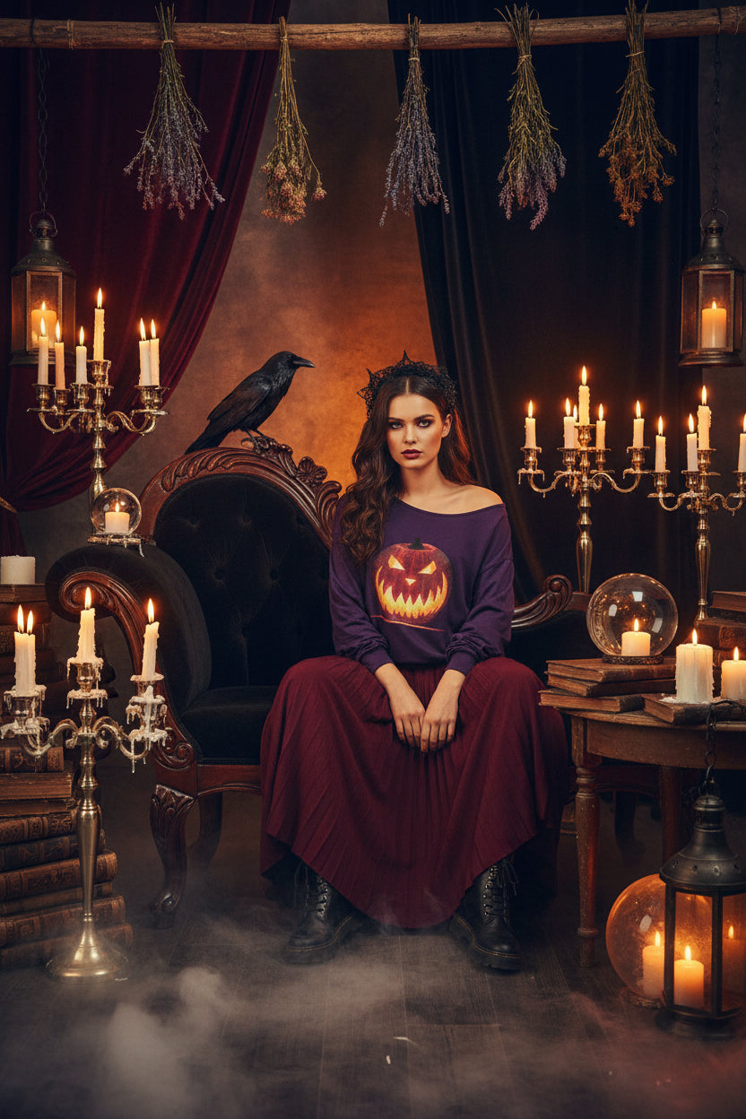A purple off-the-shoulder long-sleeve sweatshirt featuring a large graphic print of a glowing jack-o'-lantern pumpkin on the front, set against a plain white background.