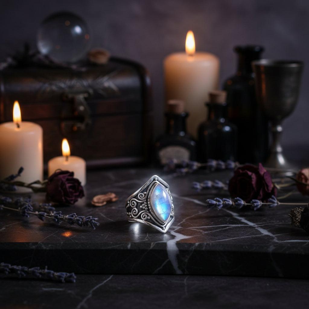 Silver ring with a blue gemstone on a wooden surface