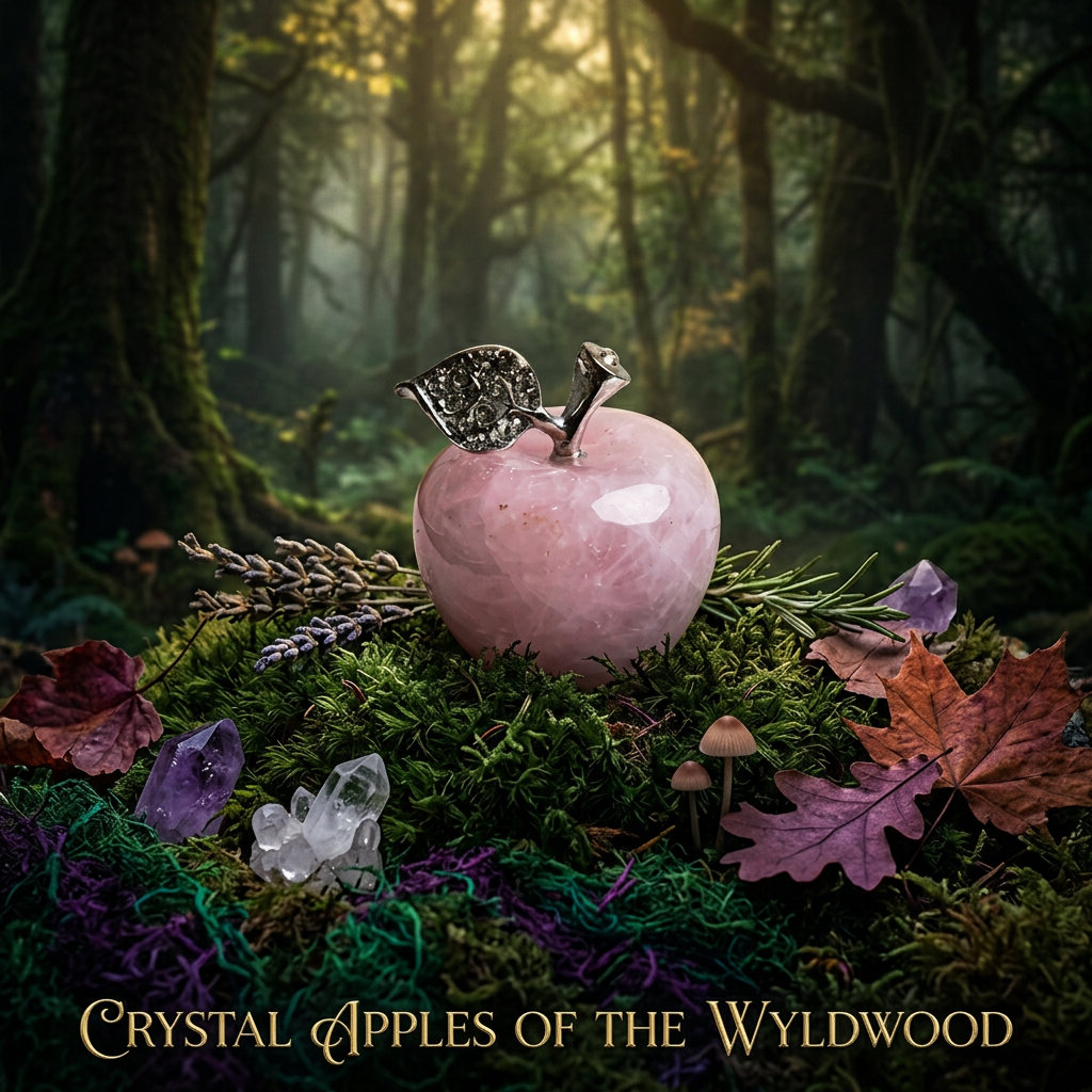 Pink apple-shaped object with silver leaf and stem on a white surface