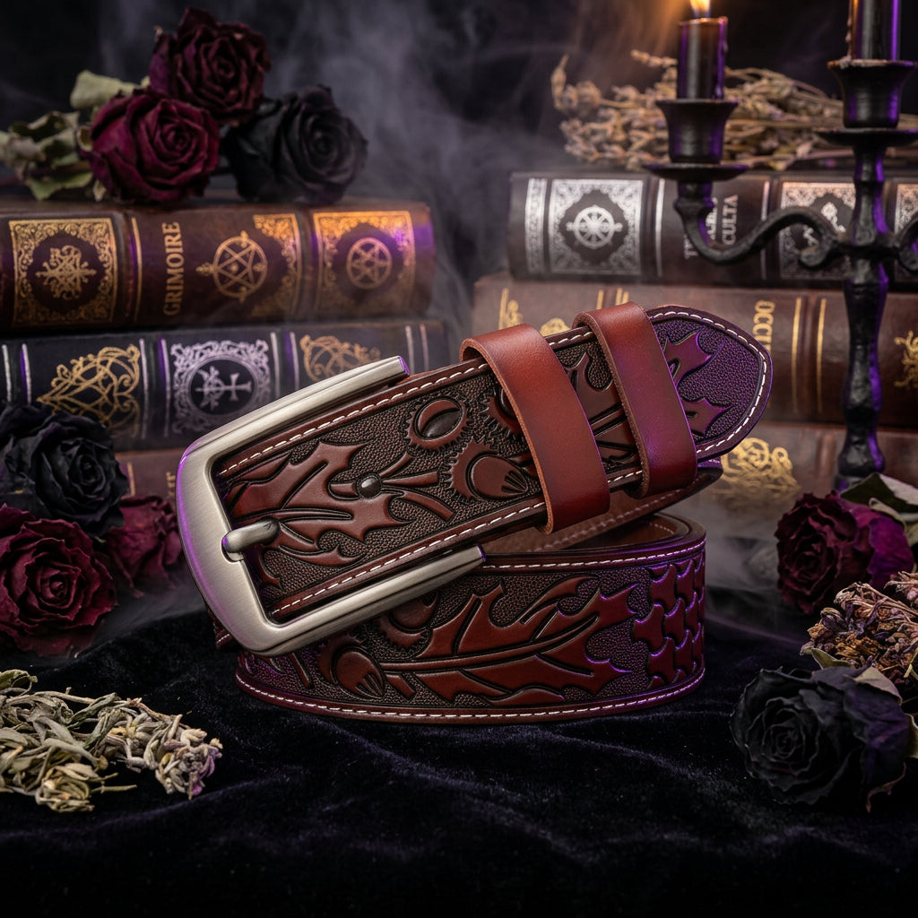 Brown leather belt with intricate designs and a silver buckle on a white background