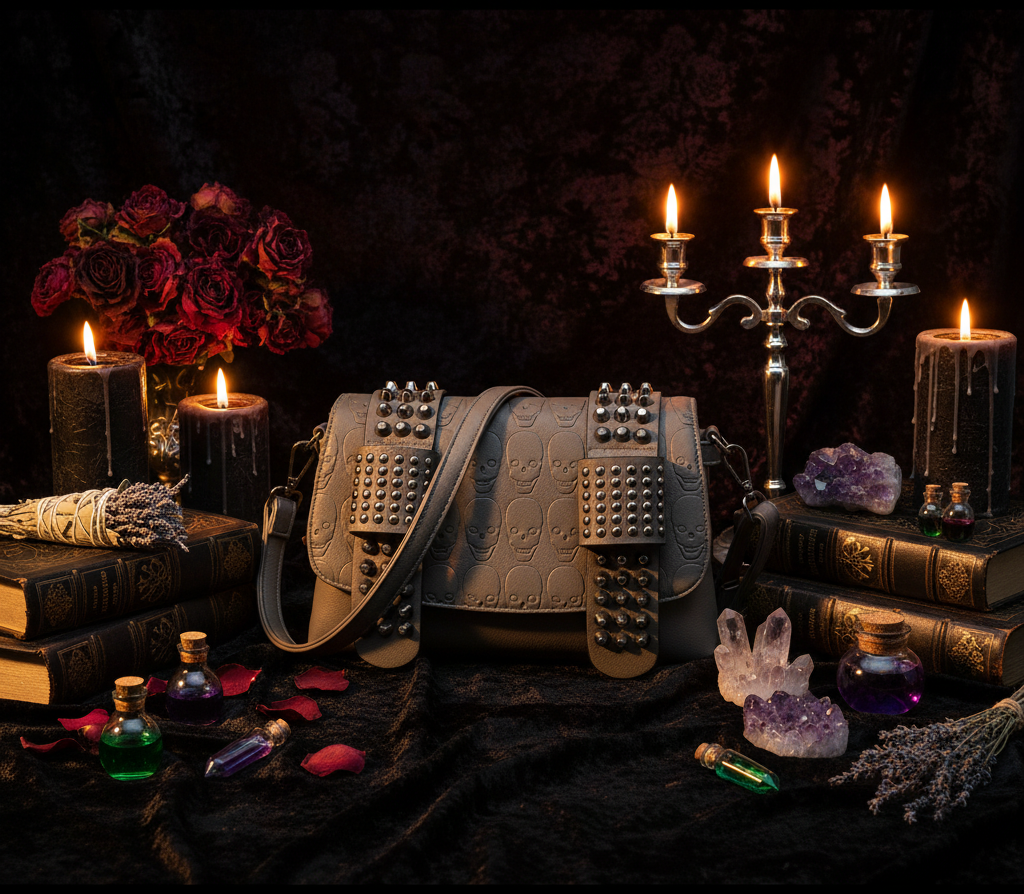 Skull Shoulder Bag, Leather Crossbody with Studs Sorceress Sanctuary