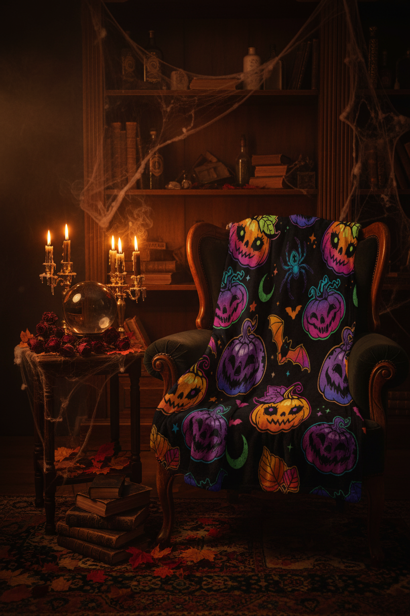 Colorful Halloween Pumpkin Spider Bat Flannel Blanket Sorceress Sanctuary
