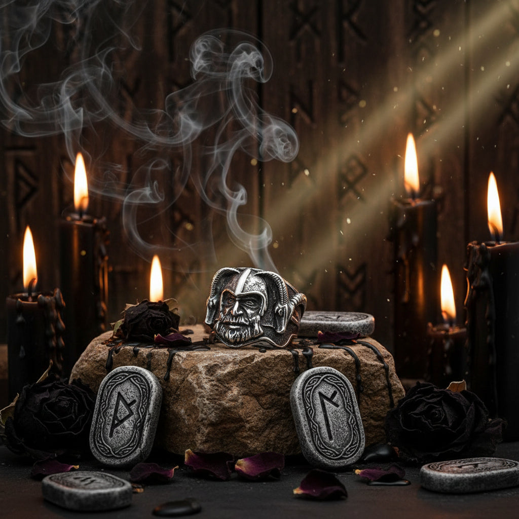 Silver skull ring on a stone surface with a dark background
