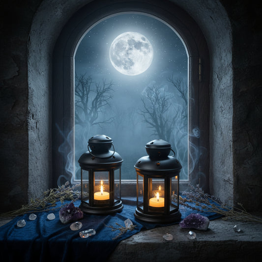 Two blue lanterns with candles inside on a table with decorative items.