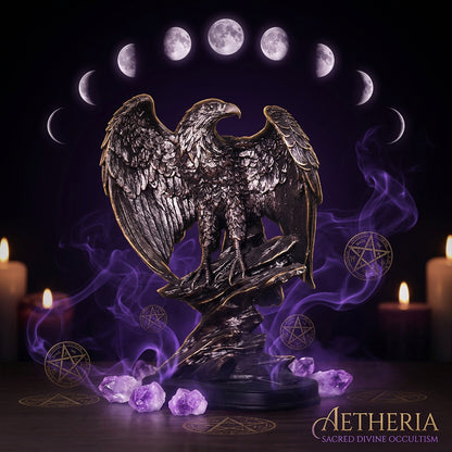 Bronze eagle statue on a wooden surface with a blurred background