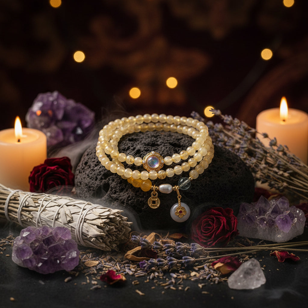 A set of yellow beaded bracelets with gold-toned charms, displayed on a white seashell. The bracelets feature round beads, a central iridescent oval stone, and dangling charms including a gold Chinese coin, a light blue faceted bead, and a small flower charm.