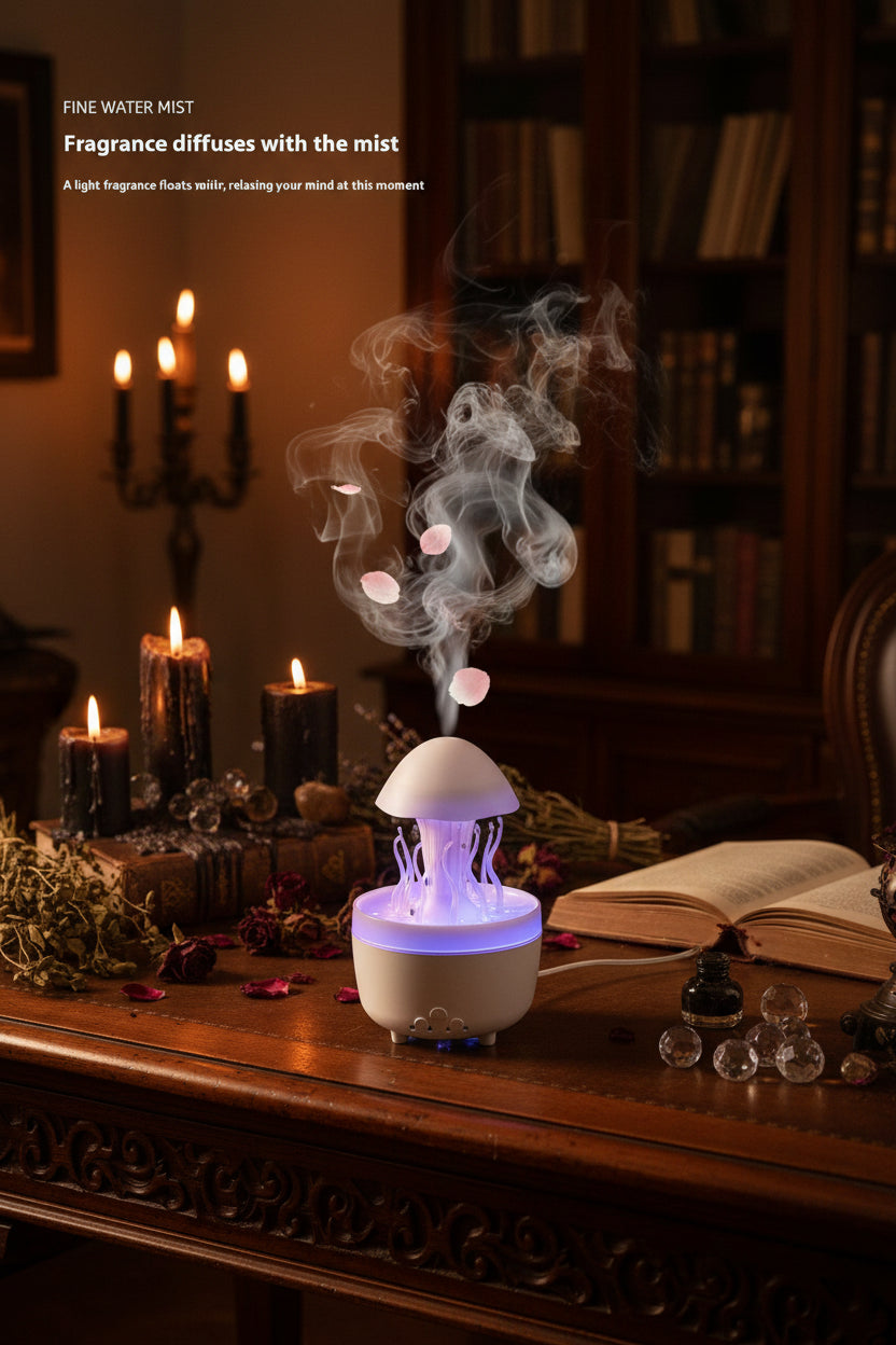 Fragrance diffuser on a desk with laptop and pink flowers, creating a relaxing atmosphere.