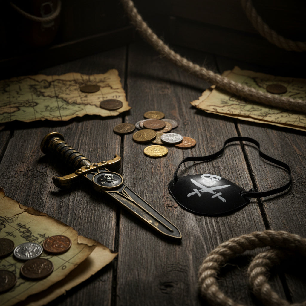 A pirate costume accessory set featuring a toy sword with a gold and black finish and a black eye patch with a white skull and crossbones design.