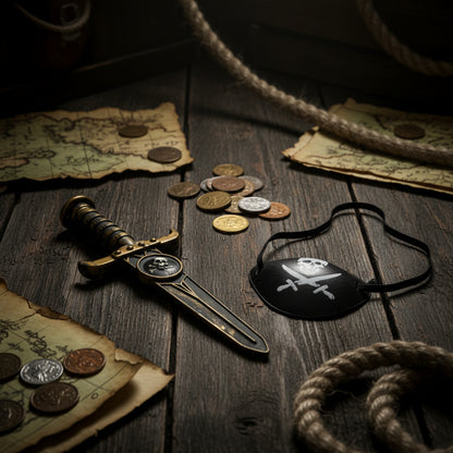 A pirate costume accessory set featuring a toy sword with a gold and black finish and a black eye patch with a white skull and crossbones design.