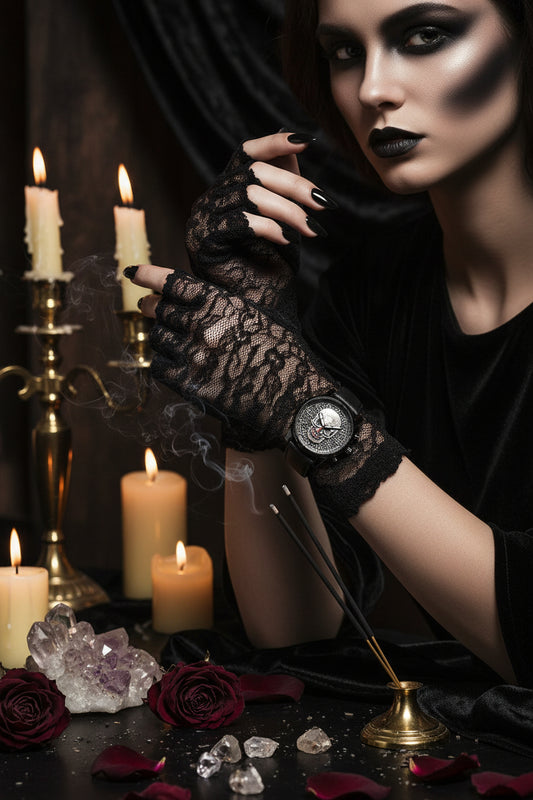 Black skull-themed watch with detailed design on a white background