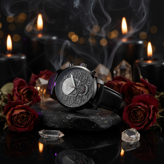 Black skull-themed watch with detailed design on a white background