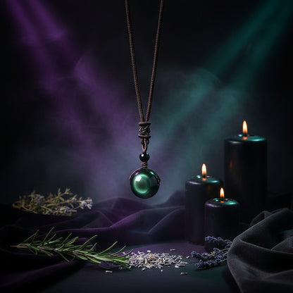 Green jade pendant on a brown cord against a white background