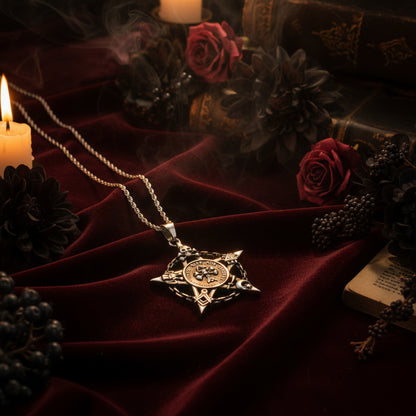 A silver-toned gothic pendant necklace featuring a pentagram and skull design, displayed on a textured black surface with a blue bottle in the background.