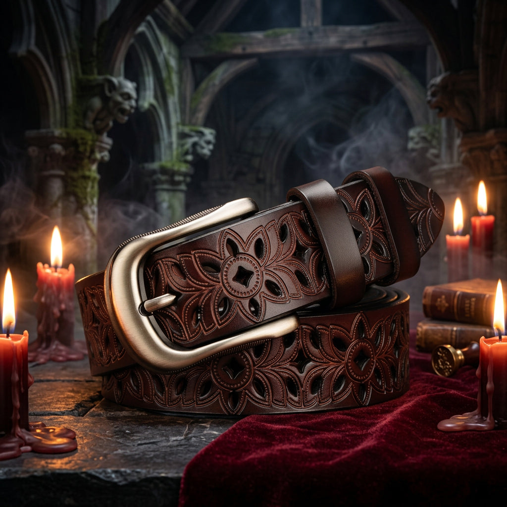Brown leather belt with intricate floral patterns and a silver buckle on a wooden surface.