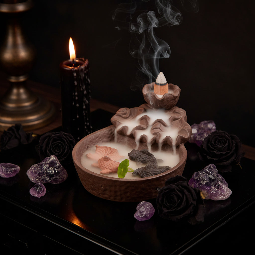 Decorative ceramic fish in a bowl with steam rising, on a wooden surface.