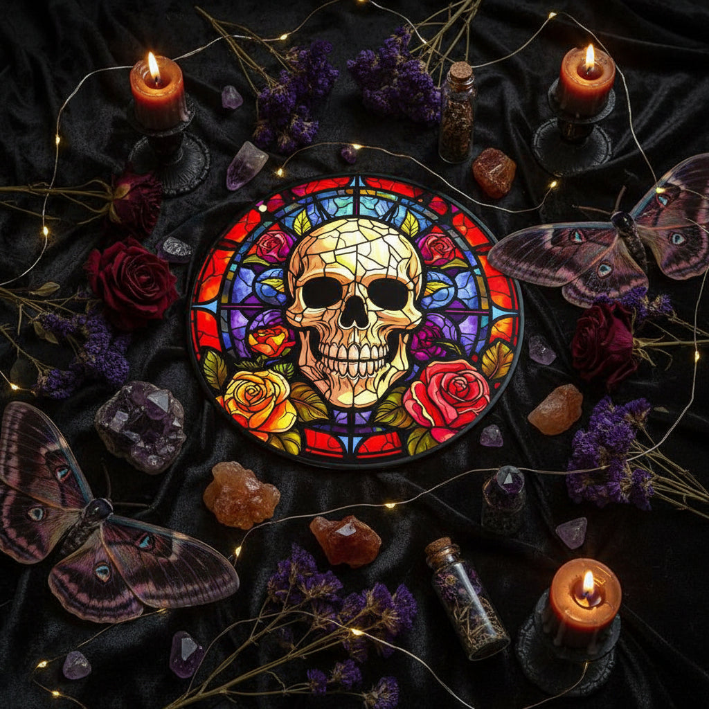 A circular stained-glass-style design featuring a central human skull surrounded by red, yellow, and purple roses with green leaves, set against a white background.