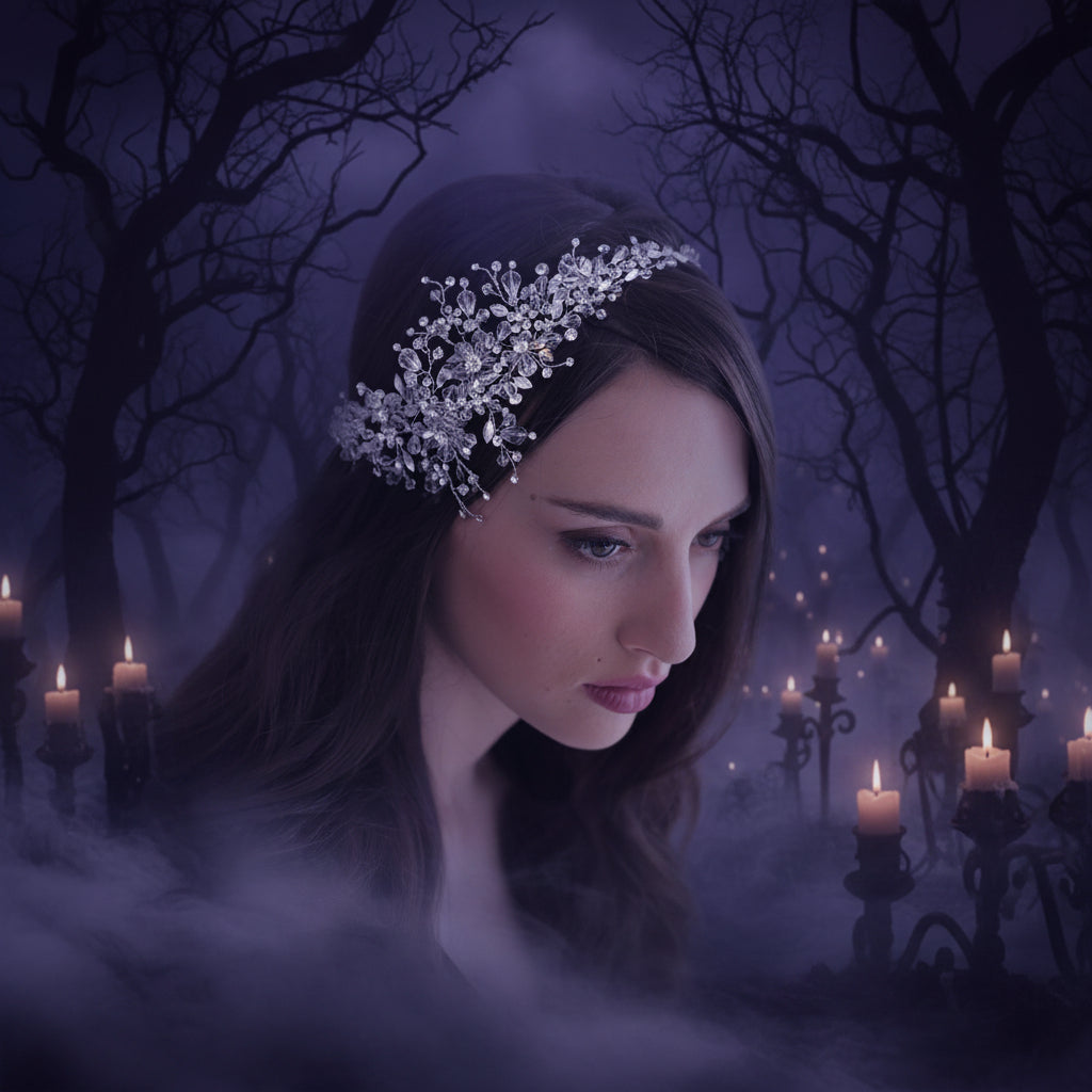 Woman wearing a decorative headpiece with a plain background