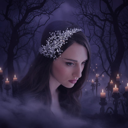 Woman wearing a decorative headpiece with a plain background