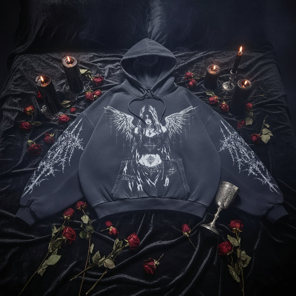 Gray hoodie with graphic design on a gray background
