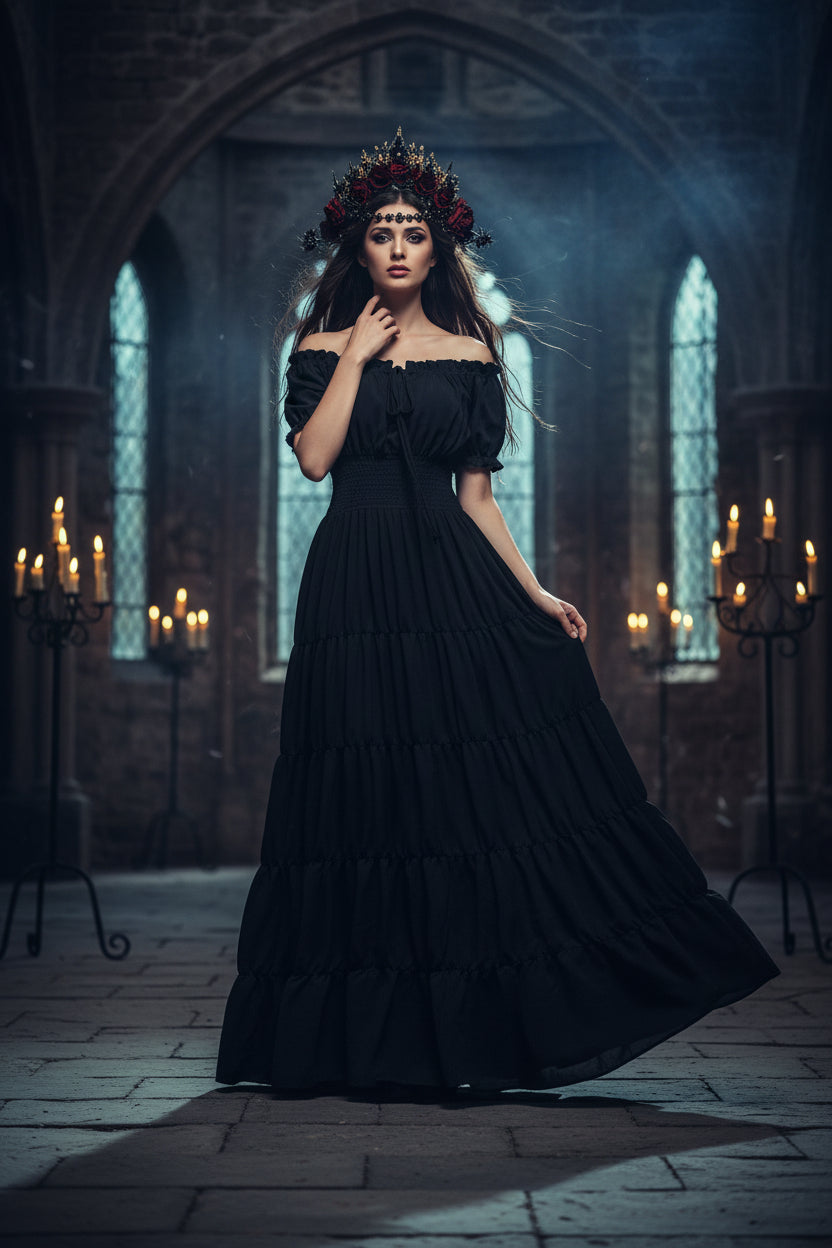 Black tiered dress on a white background