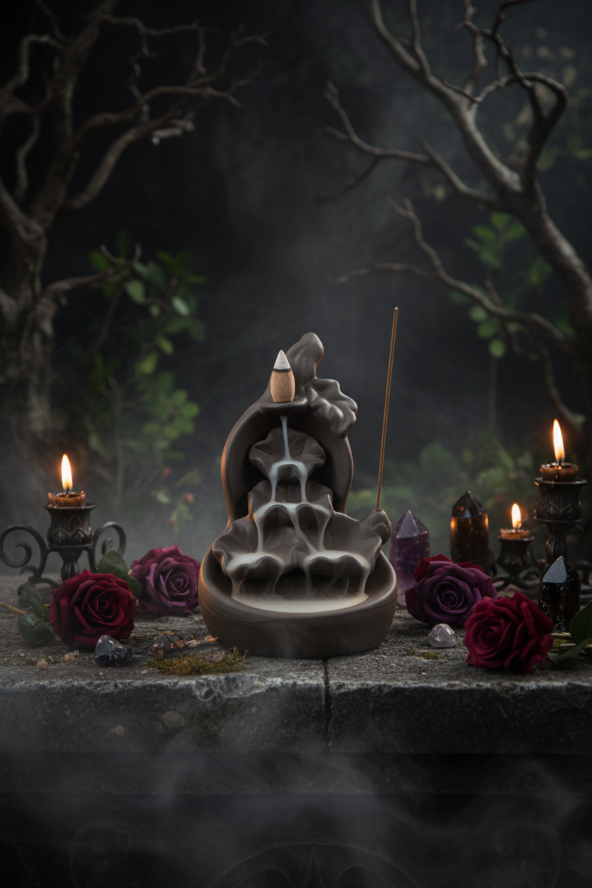 A dark gray ceramic backlit incense burner shaped like a lotus flower, with white incense smoke rising through the tiers and two incense sticks placed inside the burner, set on a wooden table.