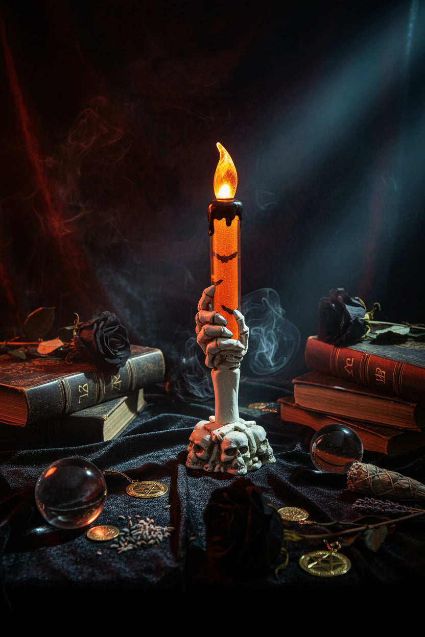 Skeleton hand holding a candle with Halloween decorations in the background