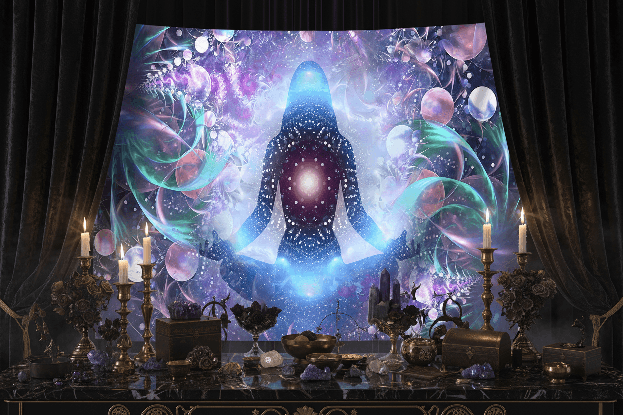 Meditation-themed tapestry with a silhouette of a person in a meditative pose in a living room setting.