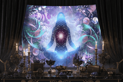 Meditation-themed tapestry with a silhouette of a person in a meditative pose in a living room setting.