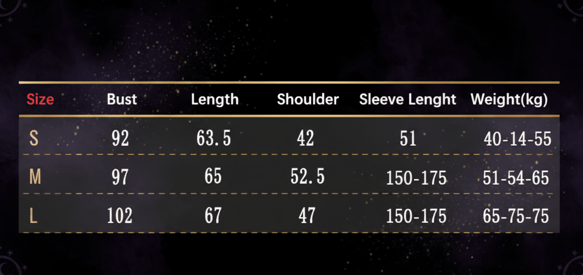 A size chart table with rows labeled S, M, and L and columns for Bust, Length, Shoulder, Sleeve Lenght, Height(cm), and Weight(kg) in a red, white, and light blue color scheme.