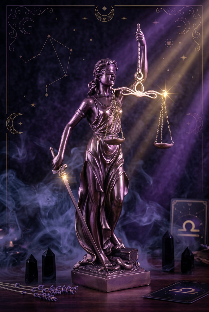 Statue of a woman holding a sword and scales on a wooden surface with a gray background
