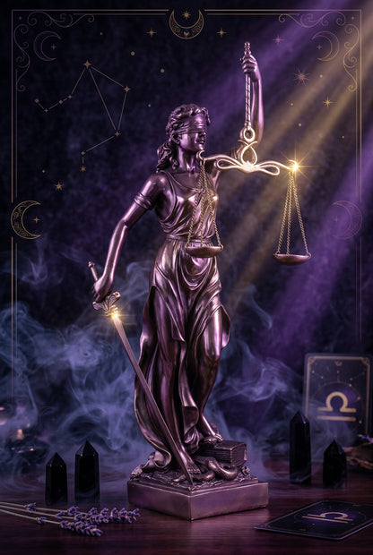 Statue of a woman holding a sword and scales on a wooden surface with a gray background