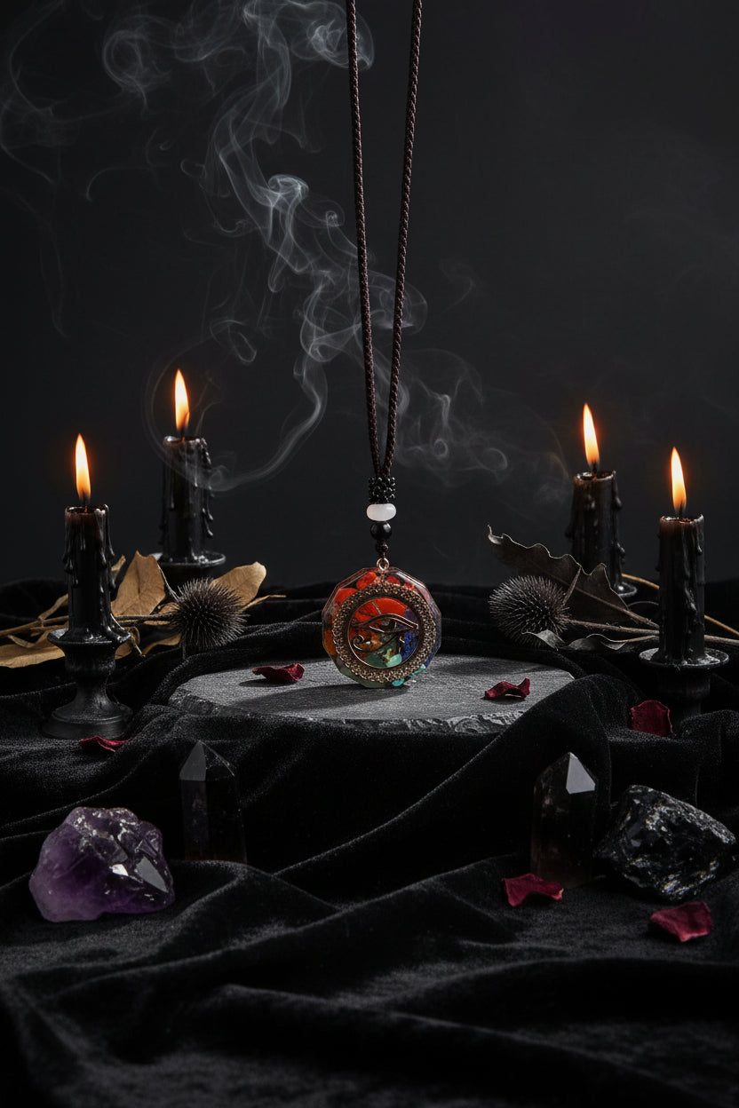 Decorative pendant on a dark background with a wooden base