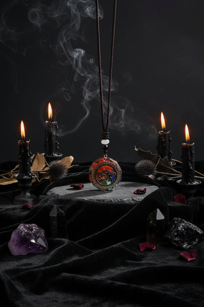Decorative pendant on a dark background with a wooden base