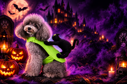 Dog wearing a green harness with a black toy on a white background