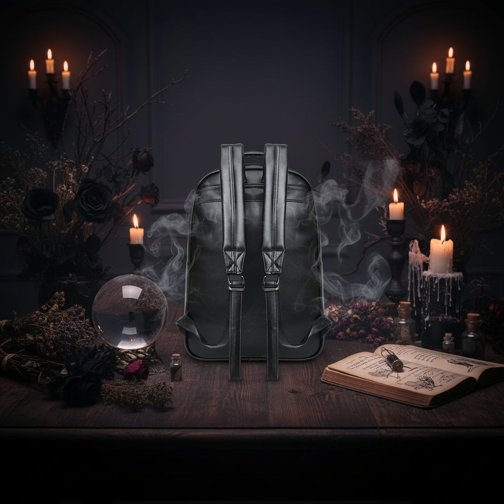 Black faux leather backpack shown from the back, featuring dual padded shoulder straps with metal buckle adjusters, a top carry handle, and side compression straps, set against a plain white background.