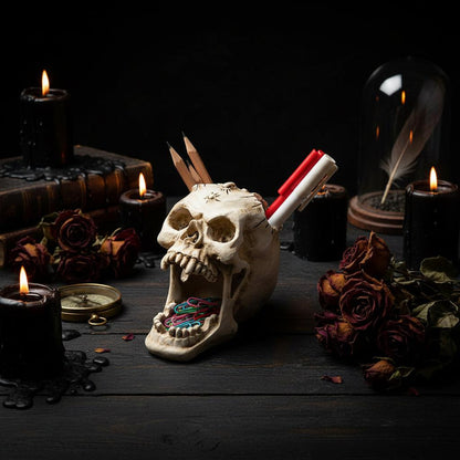Skull-shaped pen holder with stationery items on a white background
