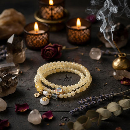 A multi-strand beaded bracelet made of pale yellow translucent beads, displayed on a textured taupe jewelry box. The bracelet features a gold-tone central charm with a blue stone, a small white pearl, a gold coin charm, and a white circular pendant.