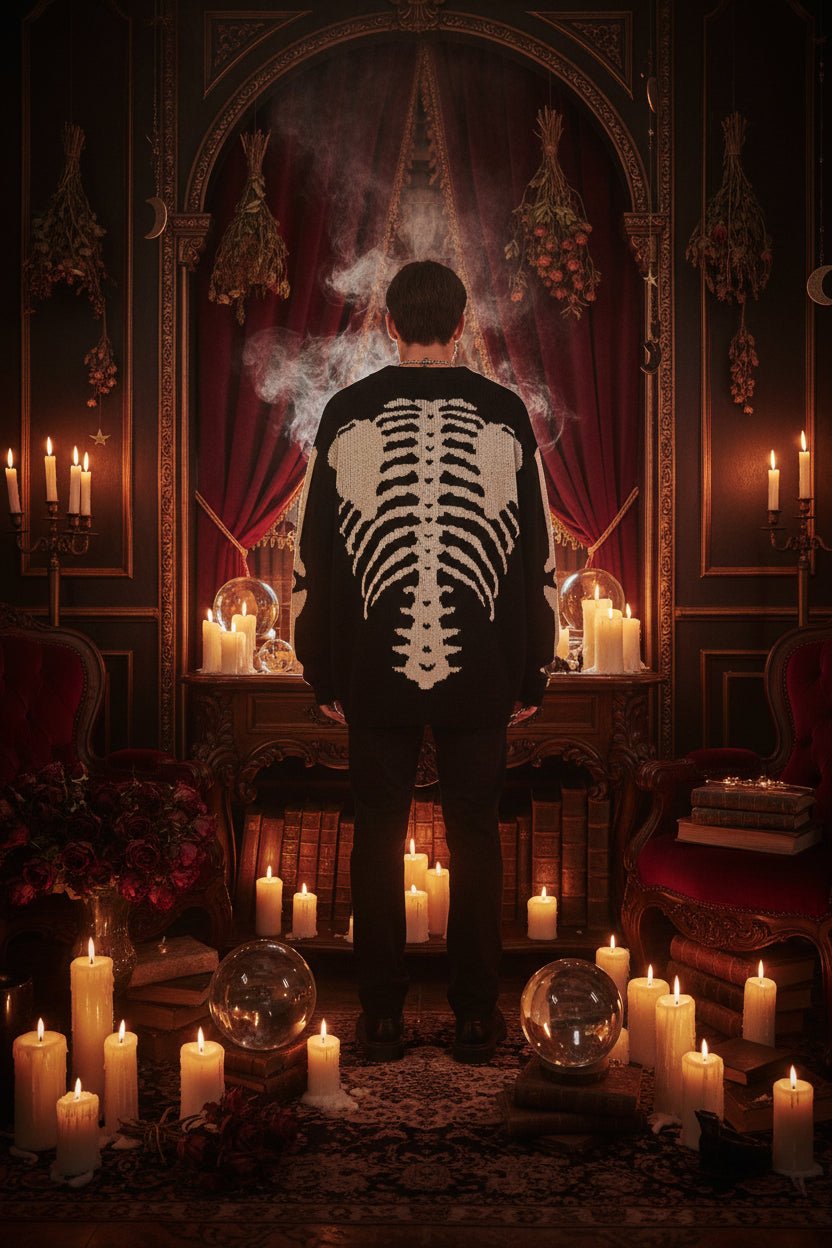 Black sweater with white skeleton design on a mannequin against a gray wall.