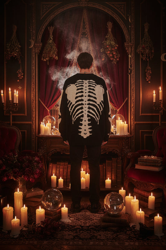 Black sweater with white skeleton design on a mannequin against a gray wall.