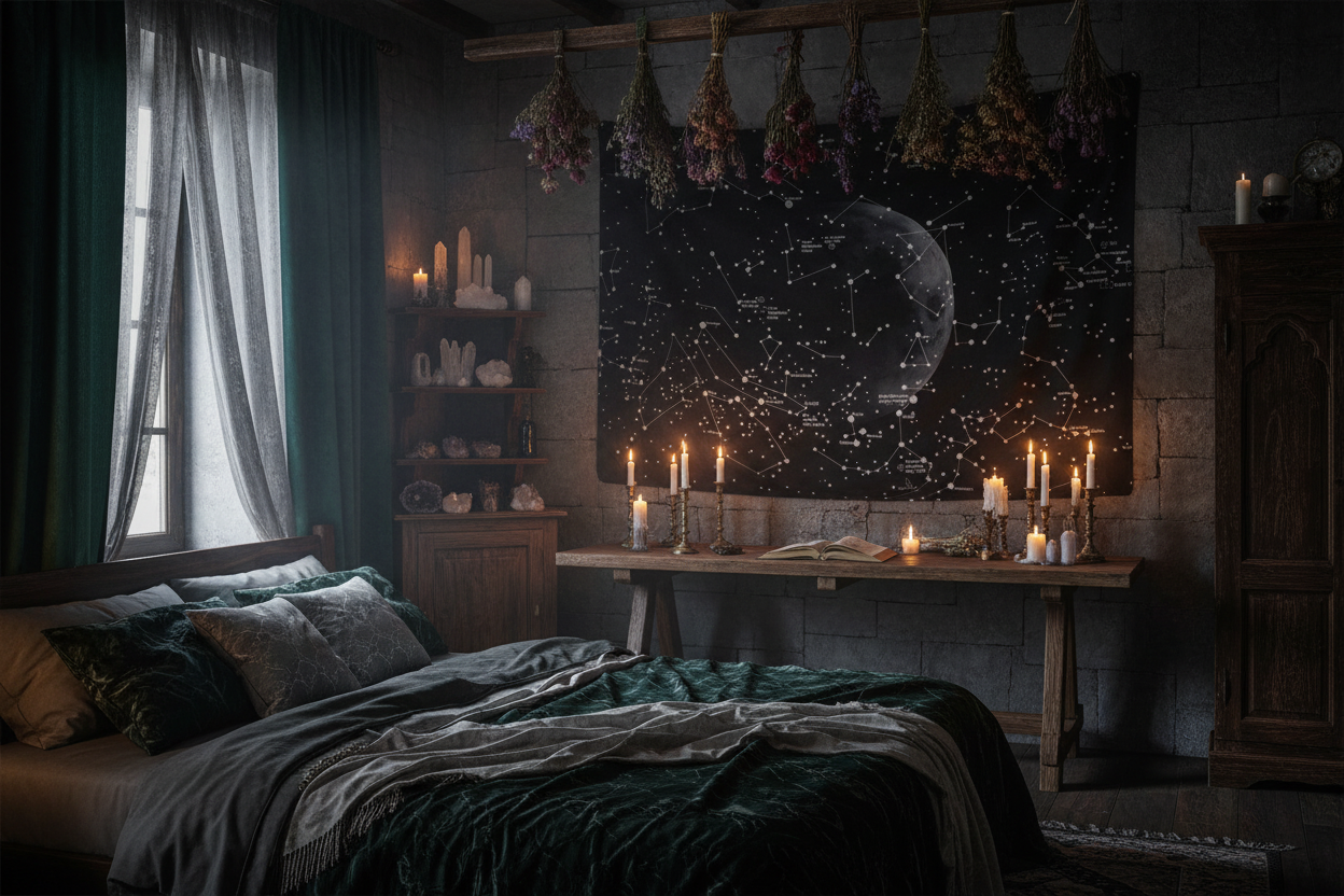 Star map tapestry with celestial design in a room setting.