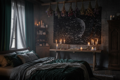 Star map tapestry with celestial design in a room setting.